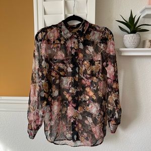 Ginatricot sheer autumn floral long sleeve sheer button up top